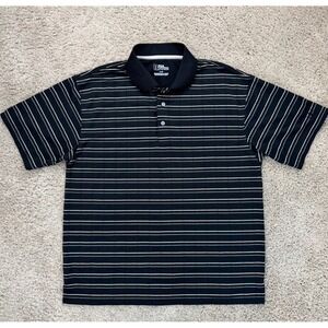 PGA TOUR Golf Polo Mens L‎ Black White Striped Performance Dry Fit Wicking Shirt